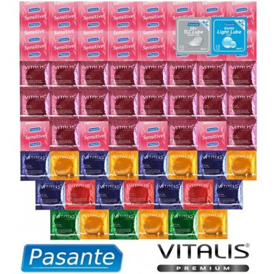 Akční Balíček extra tenkých kondomů - 61 kondomů Pasante a Vitalis Premium + lubrikační gely Pasante jako dárek