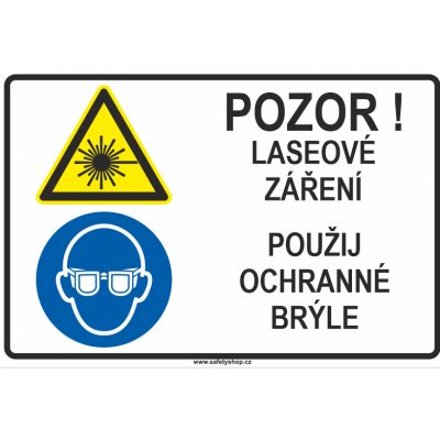 Pozor! Laserové záření - Používej ochranné brýle ISO 7010 samolepící vinylová fólie 200x150 mm – Zboží Mobilmania