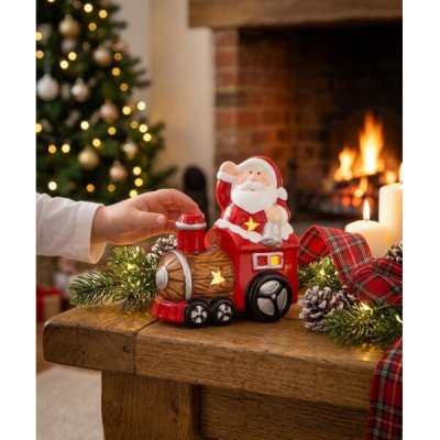 Dekorace MagicHome, Santa s vláčkem, LED, terakota, 10,3x6,3x10,7 cm – Hledejceny.cz