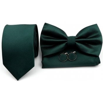 Plaid set kravata motýlek, kapesník a manžetové knoflíčky tmavě zelený