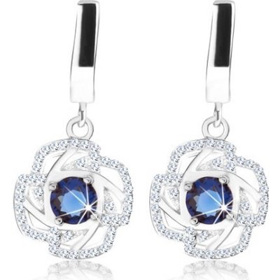 Šperky eshop stříbrné náušnice modrý zirkon obrys květu třpytivý lem SP67.03