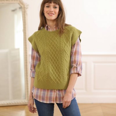 Pulovrová vesta copánkovým vzorem mechová – Zboží Dáma
