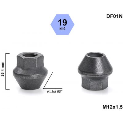 Kolová matice M12x1,5 Ford kužel pevná, klíč 19, DF01N otevřená, výška 26,4 mm | Zboží Auto