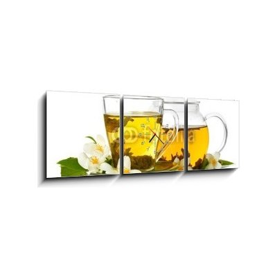 Obraz s hodinami 3D třídílný - 150 x 50 cm - green tea with jasmine in cup and teapot isolated on white zelený čaj s jasmínem v šálku a čajové konvice izolovaných na bíl – Zboží Mobilmania