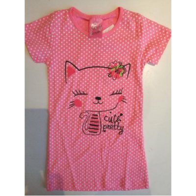 Dětská bavlněná noční košile s krátkým rukávem kolekce kočička s puntíky VALERIE svítivě růžová – Zboží Mobilmania