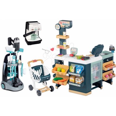 Smoby Set obchod elektronický s chladničkou Maxi Market a úklidový vozík s vysavačem Rowenta a espresso kávovar se zvukem a světlem