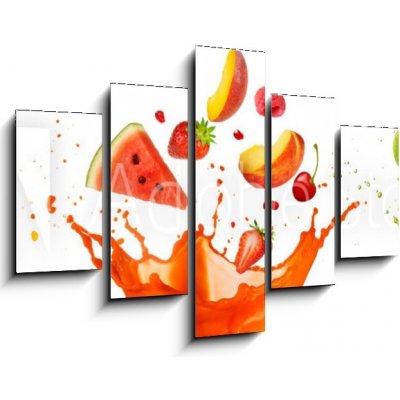 Obraz 5D pětidílný - 150 x 100 cm - mixed fruit falling into juices splashing on white background smíšené ovoce spadající do šťávy stříkající na bílém pozadí