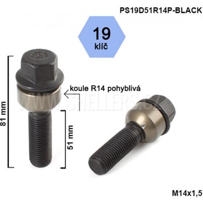 Kolový šroub M14x1,5x51 koule R14 pohyblivá, černý, klíč 19, výška 81