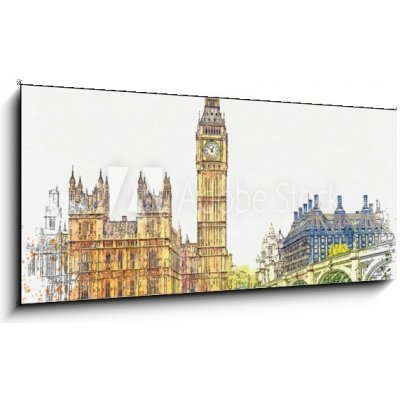 Obraz 1D panorama - 120 x 50 cm - Watercolor sketch or illustration of a beautiful view of the Big Ben and the Houses of Parliament in London in the UK Akvarel skica neb – Zboží Mobilmania