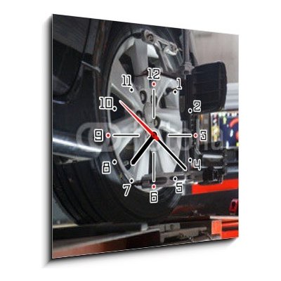 Obraz s hodinami 1D - 50 x 50 cm - Car on stand with sensors on wheels for wheels alignment camber Automobil na stojanu se senzory na kolečkách pro vychycení koleček – Hledejceny.cz