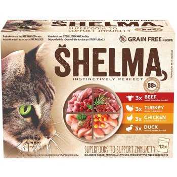 Shelma Cat kuřecí hovězí losos a treska 12 x 85 g