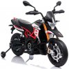 Dětské elektrické vozítko Beneo elektrická motorka Aprilia Dorsoduro 900 Licencované 12V baterie Eva měkké kola 2 x 18W motor Odpružení kovový rám kovová vidlice pomocná kolečka červená