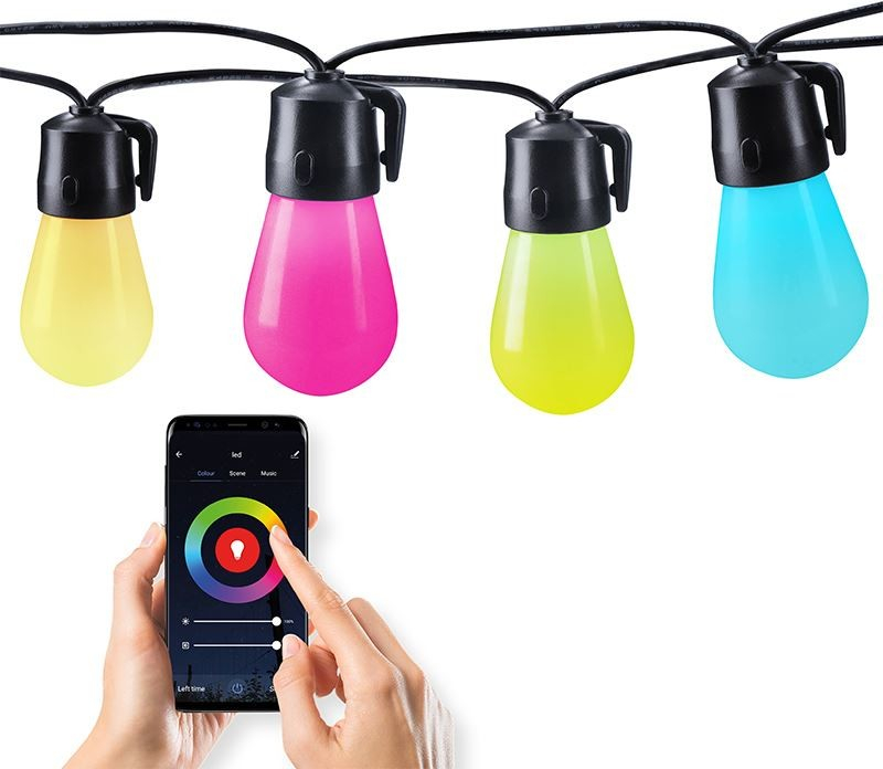 Solight LED smart venkovní řetěz s RGB žárovkami bluetooth 15 žárovek 14m+6m 10W