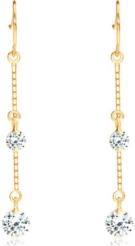 Šperky eshop Visací zlaté náušnice dva kulaté čiré zirkony na řetízcích S2GG102.24