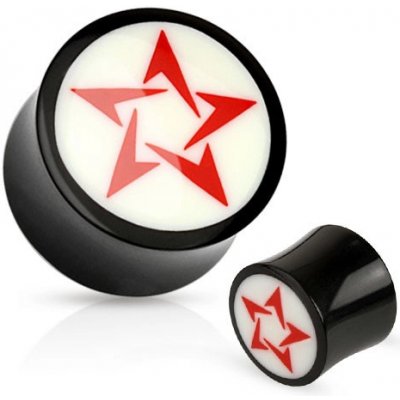 Šperky eshop kruhový černobílý plug do ucha z přírodního materiálu červená hvězda SP44.11 – Zboží Mobilmania