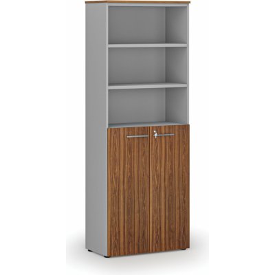Primo Kombinovaná kancelářská skříň GRAY, dveře na 3 patra, 2128 x 800 x 420 mm, šedá/ořech – Zboží Dáma