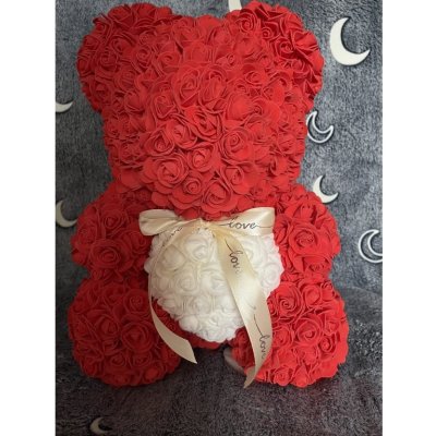 SPRINGOS Medvídek z růží 40 cm, červený s bílým srdcem SPRINGOS ROSE BEAR HA7225-XG – Zboží Mobilmania