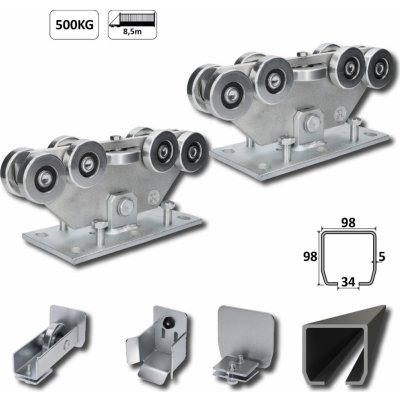 MEDIO-9 samonosný systém 98x98x5mm pro posuvné brány do 500kg / 8,5m otvor (C399M/Fe 1x 6m černý profil, C3999M 2ks, C396M 1ks, C397M 1ks), intenzivní provoz – Zboží Mobilmania