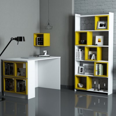 Asir Box Psací stůl a knihovna bílá / žlutá – Zboží Mobilmania