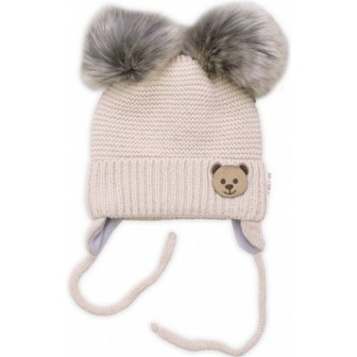 Baby Nellys Dětská zimní čepice s fleecem Teddy Bear chlupáčk. bambulky béžová – Zboží Dáma