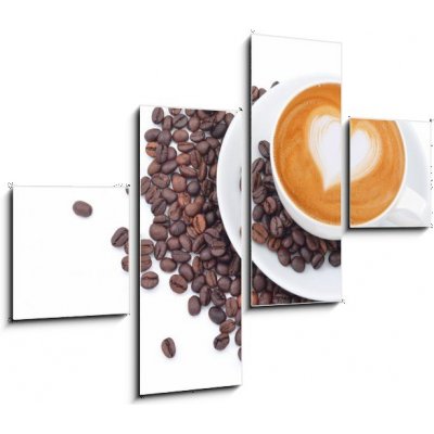 Obraz 4D čtyřdílný - 120 x 90 cm - A cup of cafe latte and coffee beans on white Šálek kávy latte a kávových bobů na bílém