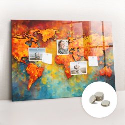 tulup Magnetická Tabule na Zeď Skleněná - Memo Board Kleněnou Přední Stranou - 5 magnetů v balení - 100 x 70 cm - Dekorativní mapa světa