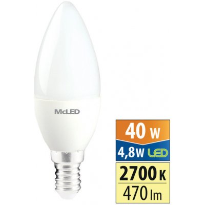 McLED LED žárovka E14 4,8W 40W teplá bílá 2700K svíčka – Zboží Mobilmania
