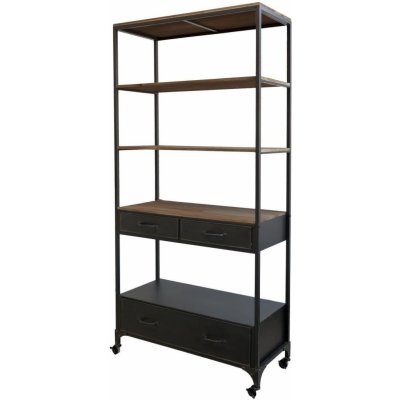 Černý kovový regál/ knihovna na kolečkách s dřevěnými policemi a šuplíky Ben - 91x42x200cm - Chic Antique – Zboží Mobilmania