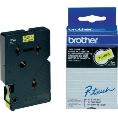 Brother TC-601, 12mm, černý tisk/žlutý podklad - originální páska laminovaná – Zboží Mobilmania