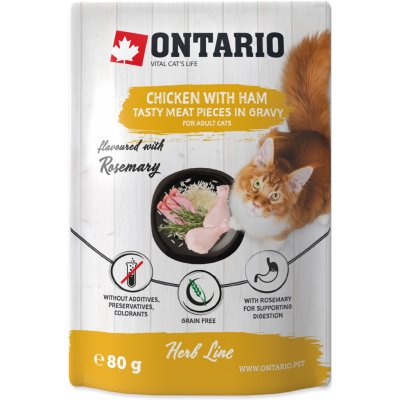 Ontario Cat Herb kousky kuřecího masa se šunkou a rýží 80 g – Zboží Mobilmania