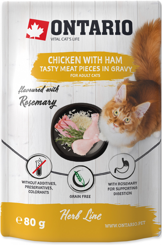 Ontario Cat Herb kousky kuřecího masa se šunkou a rýží 80 g