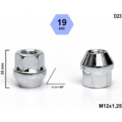 Kolová matice M12x1,25 kužel otevřená, klíč 19, D23, výška 25 mm – Zboží Mobilmania