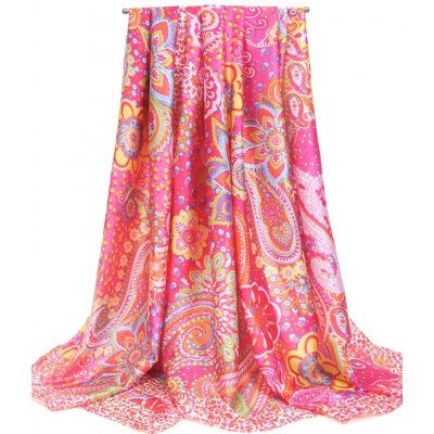 Classic Scarf hedvábná šála na krk s paisley vzorem v růžové pléd přes ramena