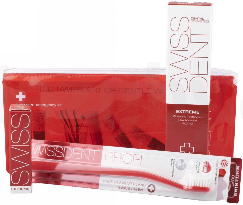 Swissdent Emergency Red 501 ml Extreme Whitening Toothpaste + 9 ml Extreme Mouth Spray + Soft Toothbrush + Cosmetic Bag dárková sada