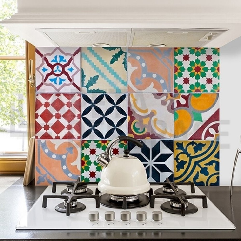 Samolepící panel za sporák Bellacasa na zeď barevné dlaždice kachličky  67261 / Žáruvzdorná samolepka dekorace do kuchyně koupelny Colorful Tiles  Crearreda (47 x 65 cm) – Zboží Dáma