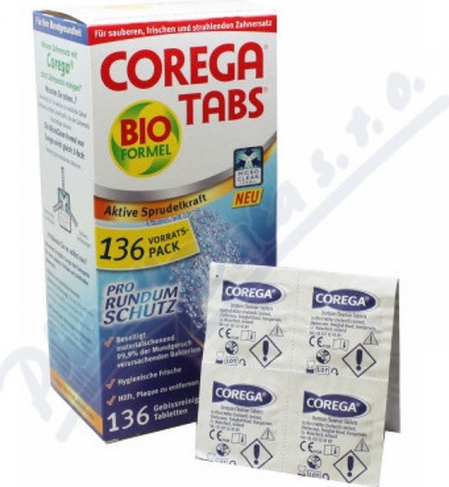 Corega Tabs Antibakteriální čistící tablety na zubní náhrady 136 tablet |  Srovnanicen.cz