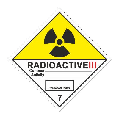 Radioaktivní látka v kusech kateg.III. č.7C (žlutý trojúhleník, černý tisk) | Samolepka, 10x10 cm – Hledejceny.cz