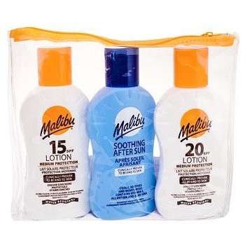 Malibu Lotion SPF20 voděodolná unisex mléko na opalování SPF20 100 ml + mléko na opalování SPF15 100 ml + mléko po opalování 100 ml dárková sada