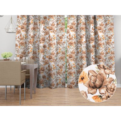Biante Bavlněný závěs Sandra SA-458 Hnědé květy magnolie s motýlky na bílém 150x200 cm – Sleviste.cz