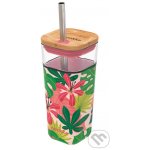 Quokka Skleněný cestovní hrnek s brčkem Liquid Cube Pink Jungle Flora 540 ml – Zboží Dáma