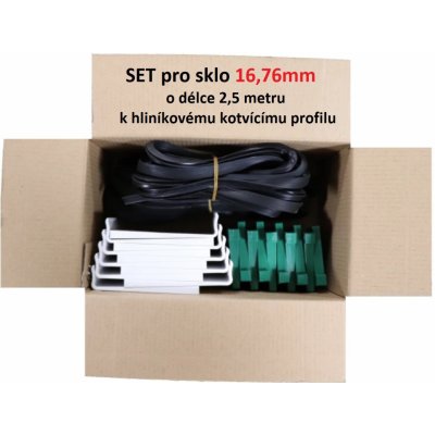 2,5m set pro 16,76mm sklo, k profilu AL-L121, AL-L131, AL-L141 a AL-L151. Obsahuje: těsnění AG-00 2.5m, AG-17 2,5m, podložka AP-K122 10ks, klin AP-K17 10ks – Zboží Mobilmania