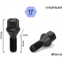 Kolový šroub M12x1,5x25 kuželový, klíč 17, C17A25F-BLACK, černý, výška 51,5 mm