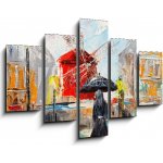 Obraz 5D pětidílný - 150 x 100 cm - oil painting, woman with an umbrella near the Moulin Rouge, a walk in Paris, artwork on canvas olejomalba, žena s deštníkem poblíž Mo