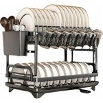 Dvoupatrový odkapávač na nádobí, kovový, černý, s nádobkou na příbory – Sleviste.cz