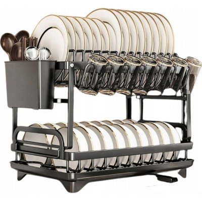 Dvoupatrový odkapávač na nádobí, kovový, černý, s nádobkou na příbory – Sleviste.cz