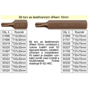 Bit torx T15 se šestihranným dříkem 10mm délka 75mm