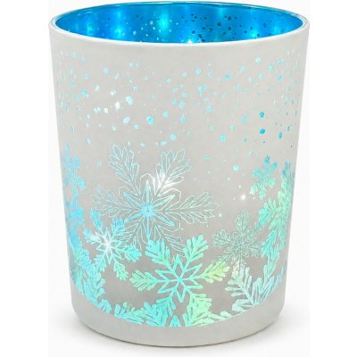 ANDĚL Svítící skleněný válec s motivem vloček – bílý s modrým, o 9 x 12 cm, teplá bílá, 10 LED, – Hledejceny.cz