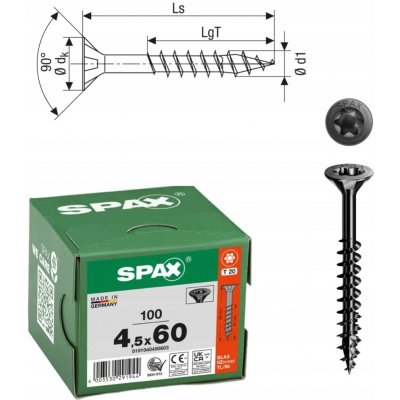 Šrouby do dřeva SPAX 4,5x60mm Torx, částečný závit, zápustná hlava, černé, 100 ks – Hledejceny.cz