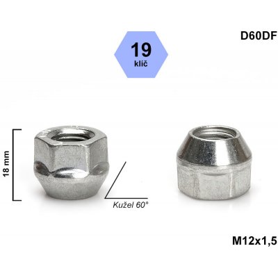 Kolová matice M12x1,5 kužel otevřená, klíč 19, D60DF, FORD, VOLVO výška 18