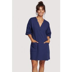 B233 Tunic dress with V-neck and front pockets deepblue